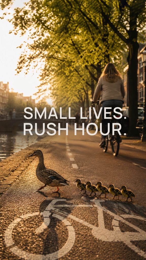 A duck family crossing a bicycle path