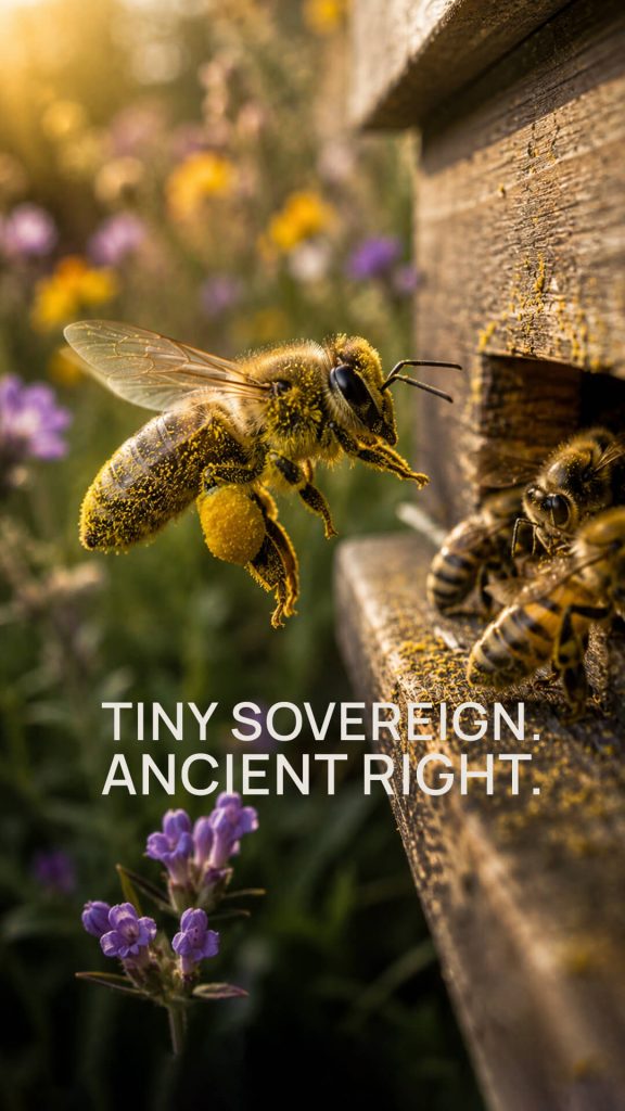A bee covered in pollen landing at the hive